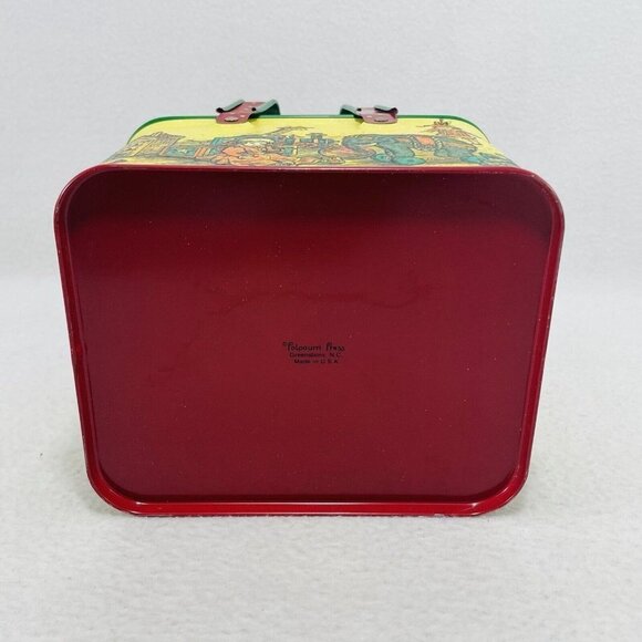 Vintage Potpourri Christmas Tin Box Storage Trinket 5” Container Red Handle Girl - Picture 7 of 10